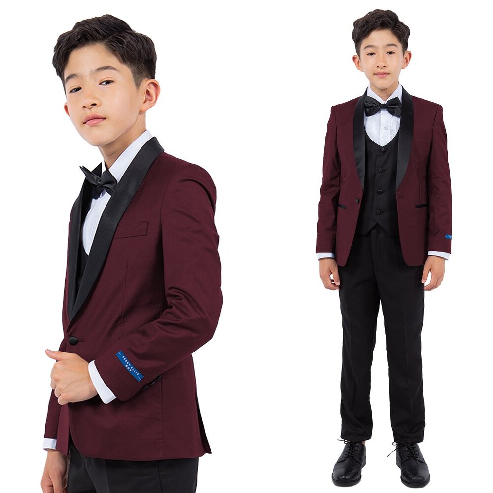 Perry Ellis Boys Burgundy Tuxedo Set, Solid 5-Piece Black Shawl Collar
